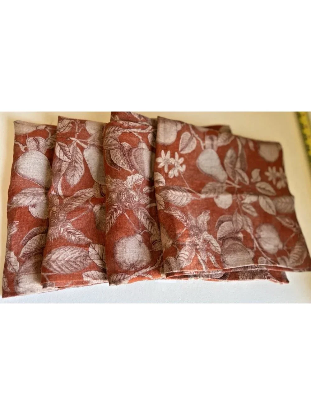 Sur La Table Botanical Fruit Pears Rust Beige Linen Napkin Set of 4, Square 20